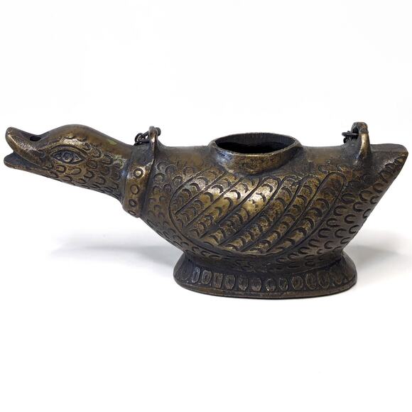 Vintage Aged Brass Bird Duck Incense Burner Oil Lamp India Heavy Bronze 6.5" - Picture 2 of 5